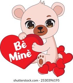 Cute bear with holding heart with be mine valentine illustration vector