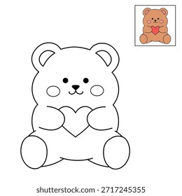 Lindo oso sosteniendo páginas para colorear de corazón imprimibles. Traza y colorea un lindo oso con corazón. Un oso lindo con el Vector de la ilustración del corazón. Un lindo oso acogedor y simple página para colorear.