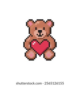 Cute bear holding heart in his paws. Pixel art. Vector clip art isolated on white.