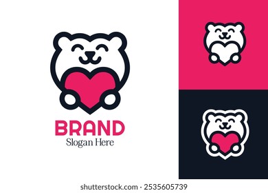 Cute Bear Holding Heart Logo. Minimalist and Playful Design