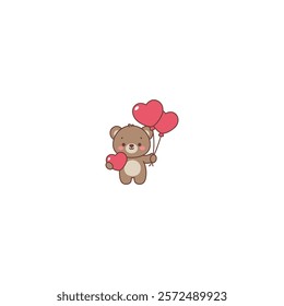 Cute bear holding heart shap balloons cartoon, vector illustration