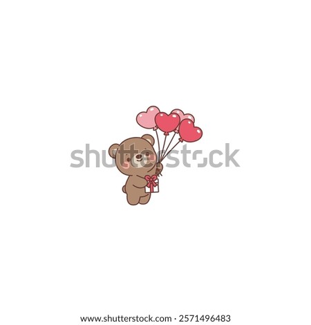 Cute bear holding heart shap balloons and gift box cartoon, vector illustration
