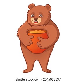 Cute bear holding a honey jar. Funny teddy bear with honey pot.Bear hugging a jar of honey. Isolated on white background.Character cartoon vector illustration.