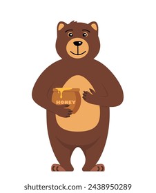 Cute bear holding honey pot. Brown grizzly bear, isolated on white background. Teddy standing and eating sweet honey from the wooden barrel. Vector illustration