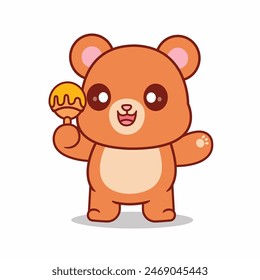 Cute Bear Holding Honey Stick Cartoon Vector Icon Illustration. Animal Food