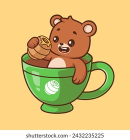 Cute Bear Holding Honeycomb In Coffee Cartoon Vector Icon Illustration. Animal Drink Icon Concept Isolated Premium Vector. Flat Cartoon Style