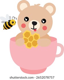 Urso bonito segurando favo de mel em Xícara de chá