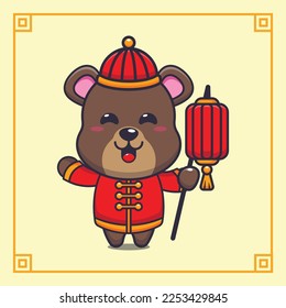Cute bear holding lantern in chinese new year. Vector cartoon Illustration suitable for poster, brochure, web, mascot, sticker, logo and icon.