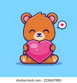 Cute Bear Holding Love Heart Cartoon Vector Icon Illustration. Animal Nature Icon Concept Isolated Premium Vector. Flat Cartoon Style