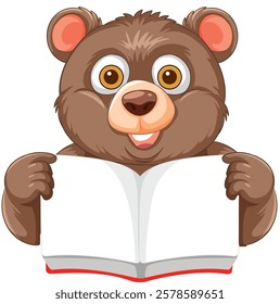 Cute bear holding an open book, smiling happily