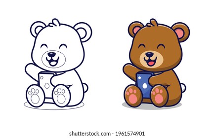 Cute Bear Holding Phone Cartoon Coloring Pages For Kids