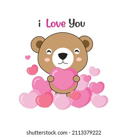 Cute bear holding pink hearts. Saying i love you.