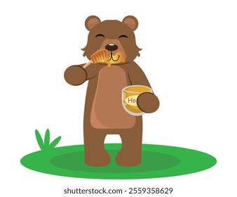 cute bear holding a pot of honey, brown bear eating honey. vector illustration