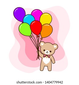 Cute bear holding rainbow color balloons. vector illustration.