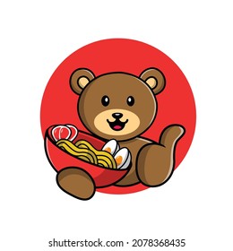 Cute Bear Holding Ramen Cartoon Vector Icon Illustration. Animal Food Icon Concept Isolated Premium Vector. Flat Cartoon Style