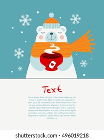 Cute bear holding red cup of hot drink and warming hands in the winter cold weather. Vector wintertime season design, card for winter holiday. Pattern for children's posters, or for coffee house ads

