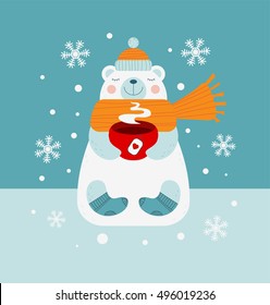 Cute bear holding red cup of hot drink and warming hands in the winter cold weather. Vector wintertime season illustration. Happy white polar bear in warm winter clothes: scarf, hat and woolen socks.