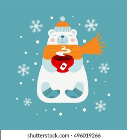 Cute bear holding red cup of hot drink and warming hands in the winter cold weather. Vector wintertime season illustration. Happy white polar bear in warm winter clothes: scarf, hat and woolen socks.