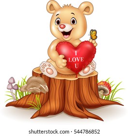 Cute bear holding red heart balloons on tree stump
