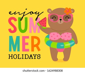 Cute bear holding a sliced  watermelon illustration for summer holiday concept design.