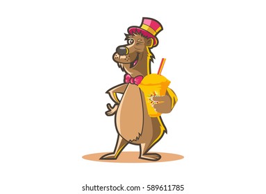 Cute Bear holding slush and winking. Vector Illustration. Isolated on white background.