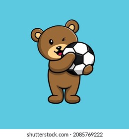 Cute Bear Holding Soccer Ball Cartoon Vector Icon Illustration. Animal Sport Icon Concept Isolated Premium Vector. Flat Cartoon Style