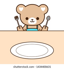 Cute bear holding spoon and fork with blank plate in front.