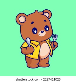 Cute Bear Holding Spoon And Fork Cartoon Vector Icon Illustration. Animal Food Icon Concept Isolated Premium Vector. Flat Cartoon Style