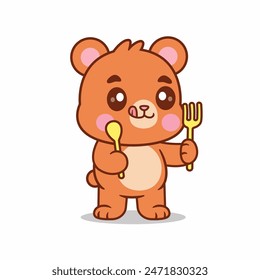 Cute Bear Holding Spoon And Fork Cartoon Vector Icon Illustration. Animal Food.