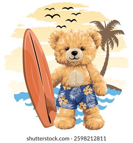 Cute bear holding a surfboard on a tropical beach at sunset  
