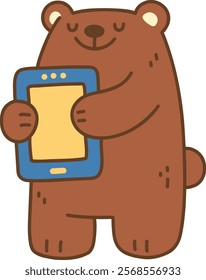 A Cute bear holding tablet with happy expression
