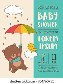 Cute bear holding umbrella and bird cartoon on the sky with raining background for baby shower girl invitation card template