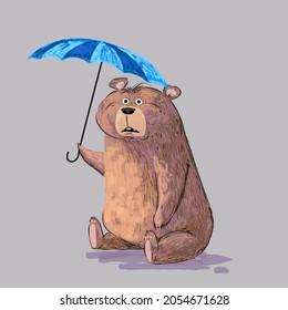 Cute bear holding umbrella icon character drawing vector illustration.