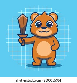 Cute bear holding a wooden sword vector illustration. Flat cartoon style.
