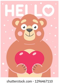 Cute bear holds in his paws a heart on a pink background with snowflakes. character vector illustration.