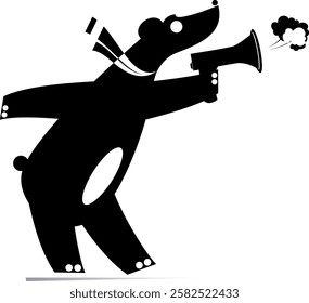 Cute bear holds a megaphone. News. Advertisement. Cute bear with megaphone and makes announcement. Black and white illustration