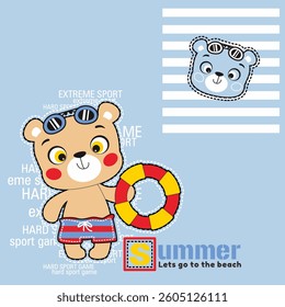 Cute bear holiday on the beach, Flat Vector Illustration