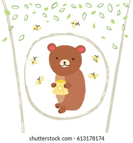 Cute bear in the hollow tree with bees and leafs on white background. Vector greeting card in cartoon style for print design of children's banners, postcards, posters, booklets.