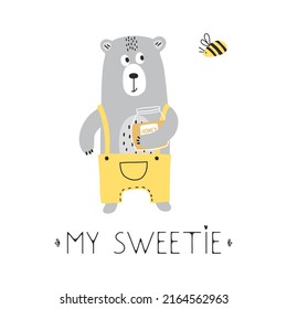 Cute bear with honey and bee