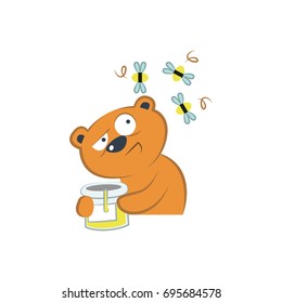 Cute bear with honey and bees. Children and baby cartoon.