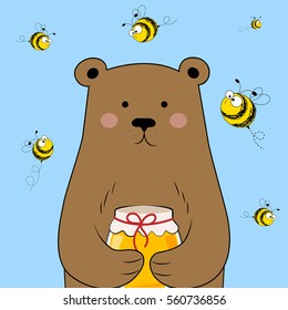 Cute bear with honey. Bear and bees. Vector illustration.