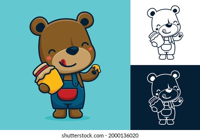 Cute bear with honey jar. Vector cartoon illustration in flat icon style