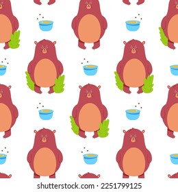 Cute bear and honey vector cartoon seamless pattern.