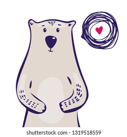 Cute bear with honey. Vector illustration design for t-shirt graphics, fashion prints. sketch, outline, speech bubble ,heart