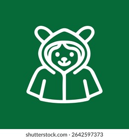 Cute bear hooded figure vector icon design. Simple line art on a green background. Suitable for children, clothing, or product design.