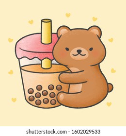 Cute bear hug bubble milk tea fresh drink cartoon animal character vector. Cartoon character design.