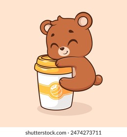 Cute Bear Hug Coffee Cup Cartoon Vector Icon Illustration. Animal Drink Icon Concept Isolated Premium Vector. Flat Cartoon Style