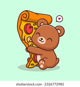 Cute Bear Hug Pizza Cartoon Vector Icon Illustration. Animal Food Icon Concept Isolated Premium Vector. Flat Cartoon Style