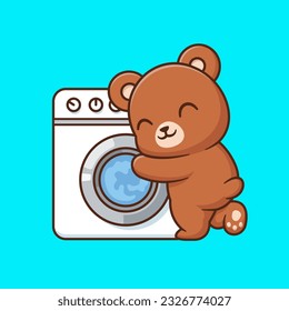 Cute Bear Hug Washing Machine Cartoon Vector Icon Illustration. Animal Technology Icon Concept Isolated Premium Vector. Flat Cartoon Style