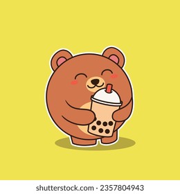 Cute Bear Hugging Bubble Tea Vector Illustration